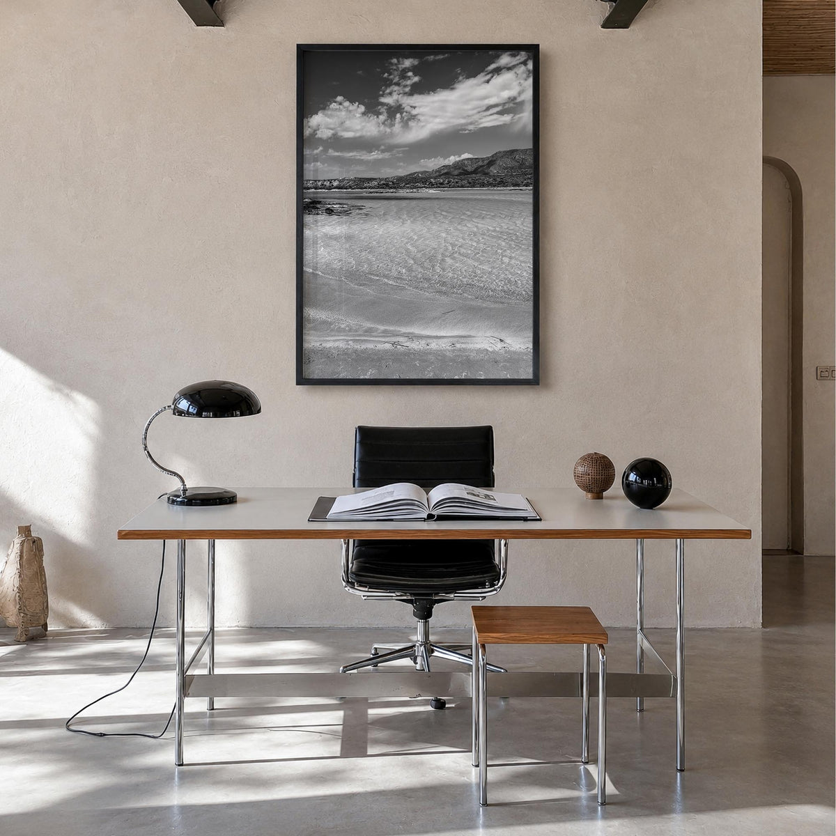 Elafonissi Beach black & white photo poster of Greece – vertical wall art in black wood frame, hanging on wall
