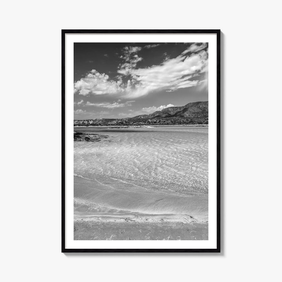 Elafonissi Beach black & white photo poster of Greece – vertical wall art, unframed print shown in interior mockup