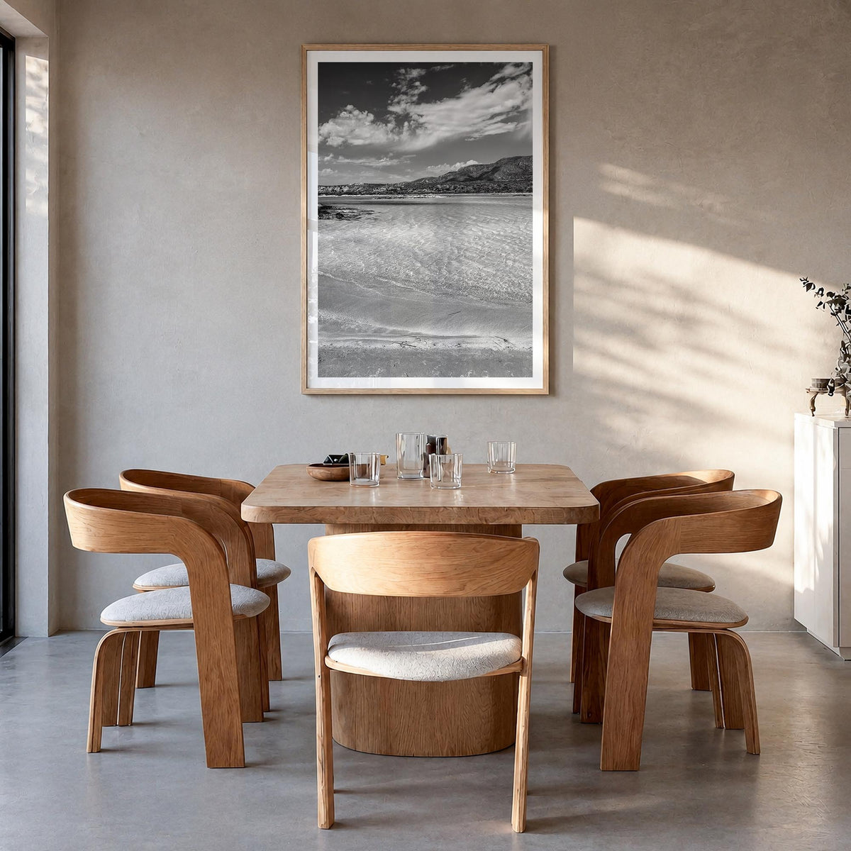 Elafonissi Beach black & white photo poster of Greece – vertical wall art in natural wood frame with white border, hanging on