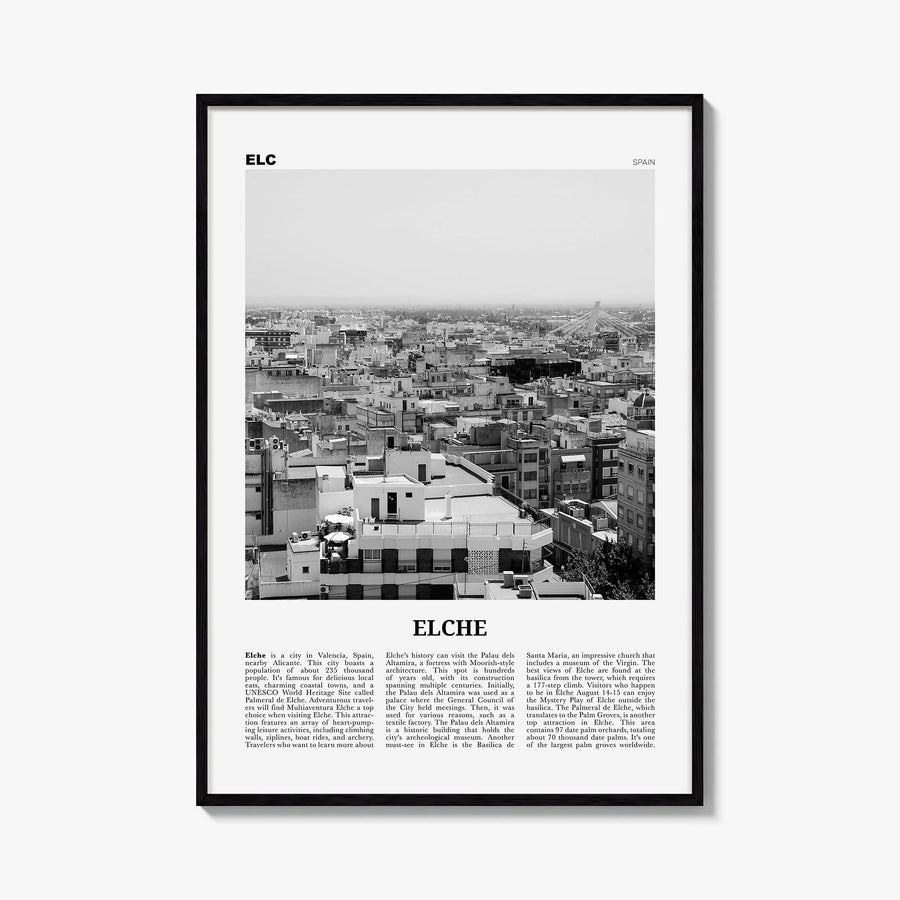 Elche black & white newspaper poster of Spain – vertical wall art, unframed print shown in interior mockup