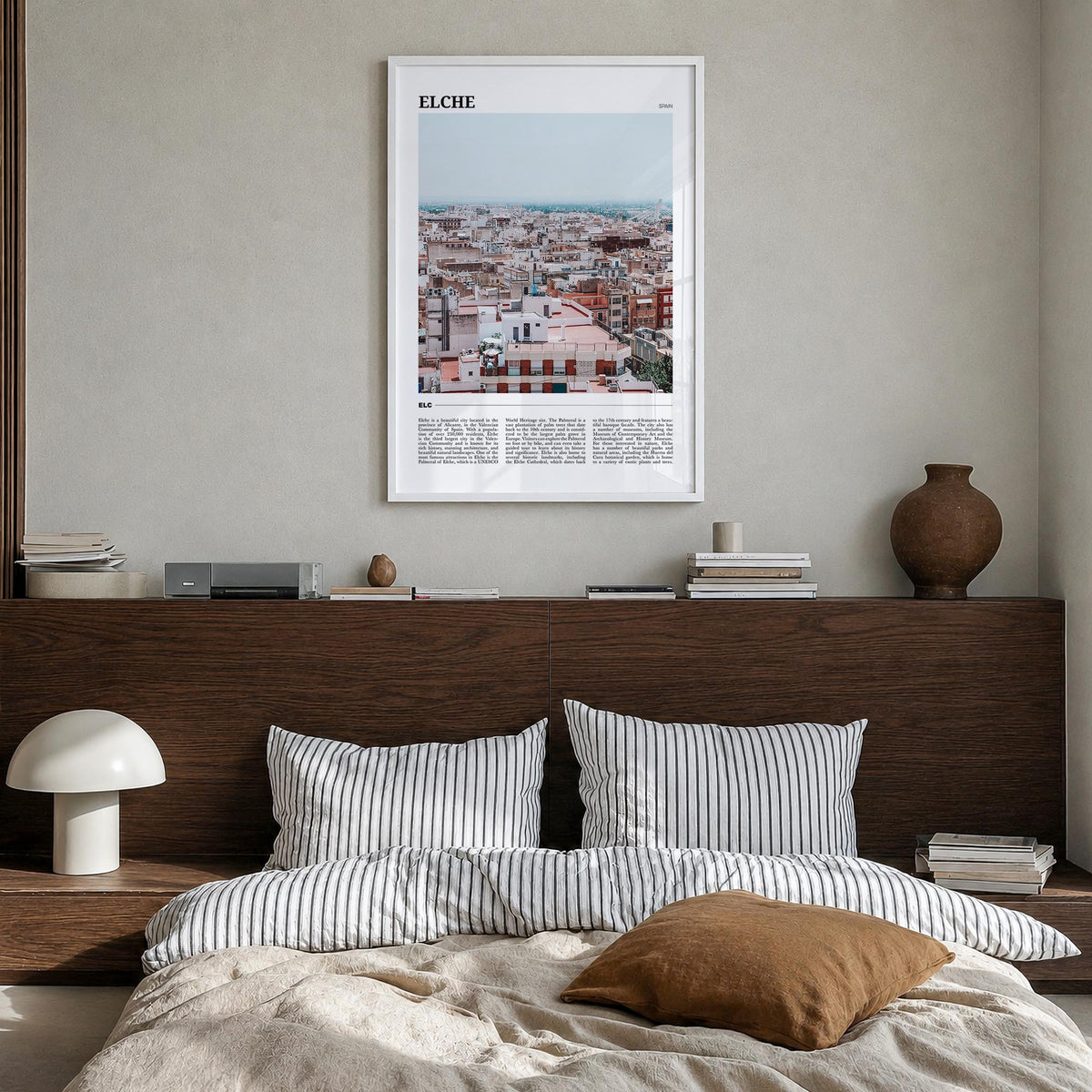 Elche colorful travel poster of Spain – vertical wall art in white wood frame, hanging on wall