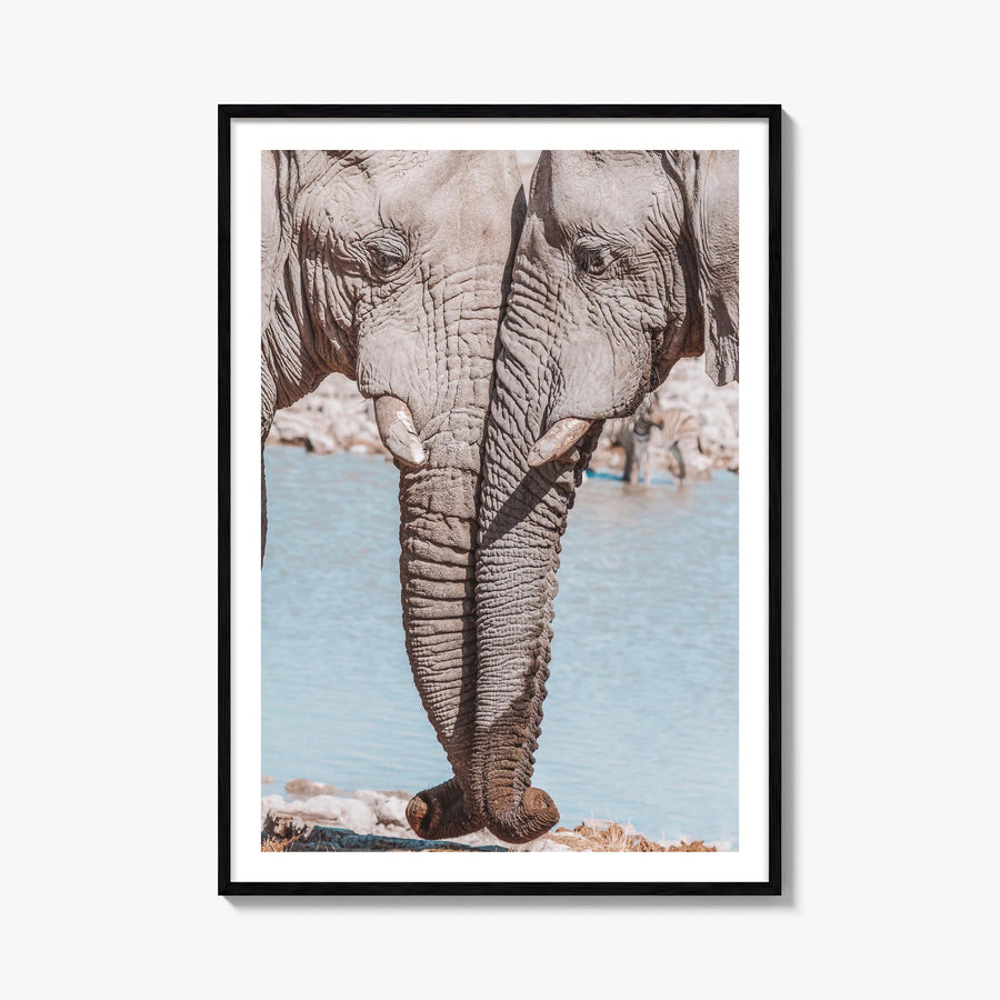 Elephant Couple colorful photo poster – vertical wall art, unframed print shown in interior mockup
