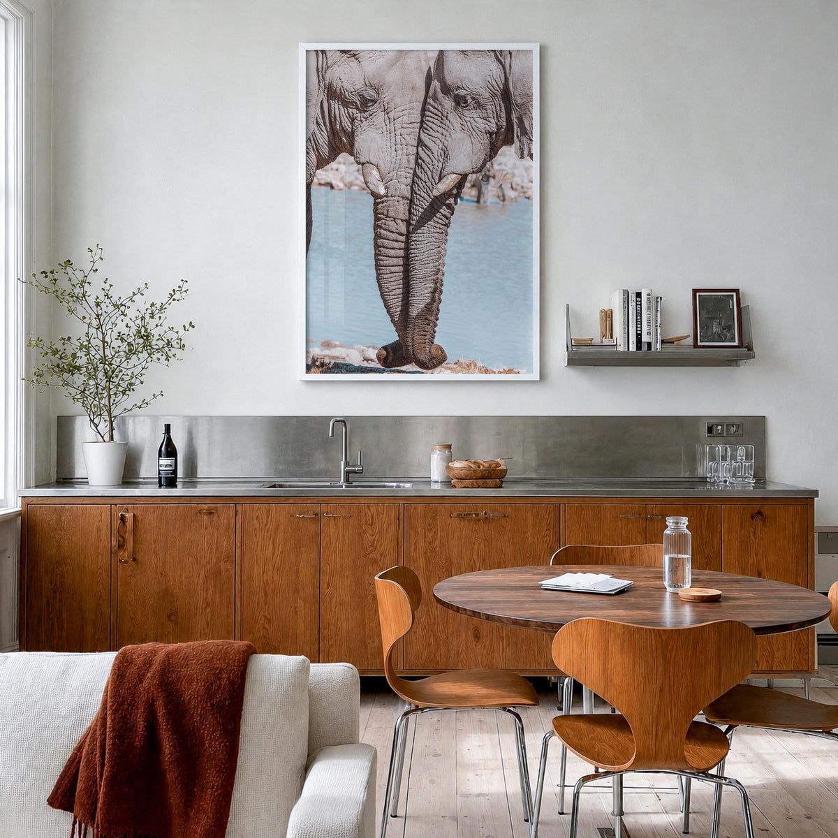 Elephant Couple colorful photo poster – vertical wall art in white wood frame, hanging on wall