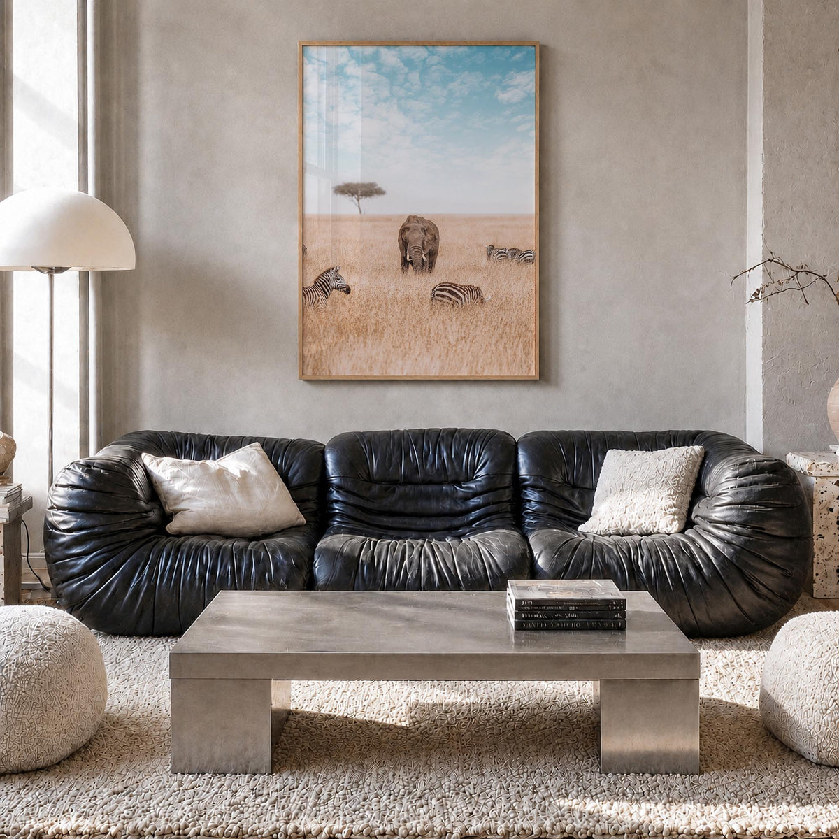 Elephant no. 1 colorful photo poster – vertical wall art in natural wood frame, hanging on wall