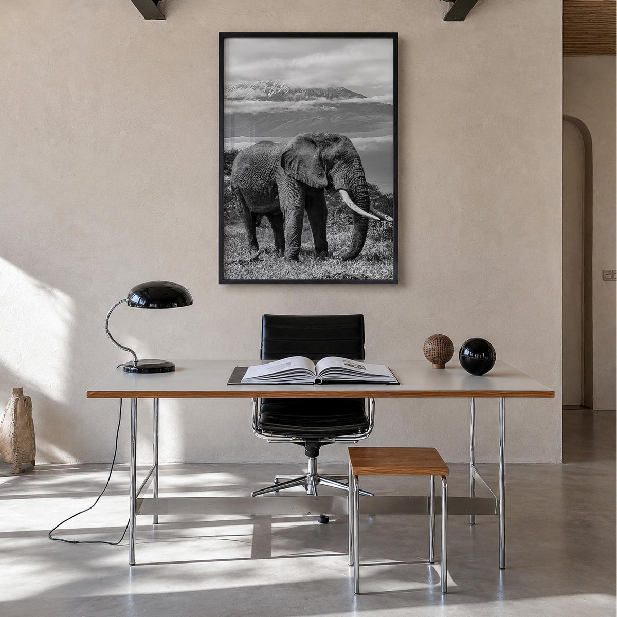 Elephant no. 2 black & white photo poster – vertical wall art in black wood frame, hanging on wall