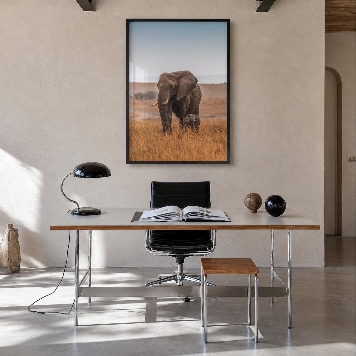 Elephant no. 2 colorful photo poster – vertical wall art in black wood frame, hanging on wall
