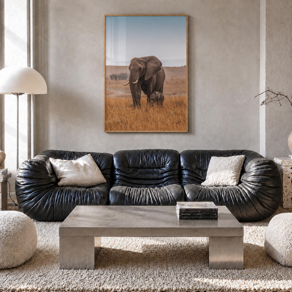 Elephant no. 2 colorful photo poster – vertical wall art in natural wood frame, hanging on wall