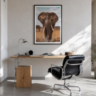 Elephant no. 3 colorful photo poster – vertical wall art in black wood frame with white border, hanging on wall