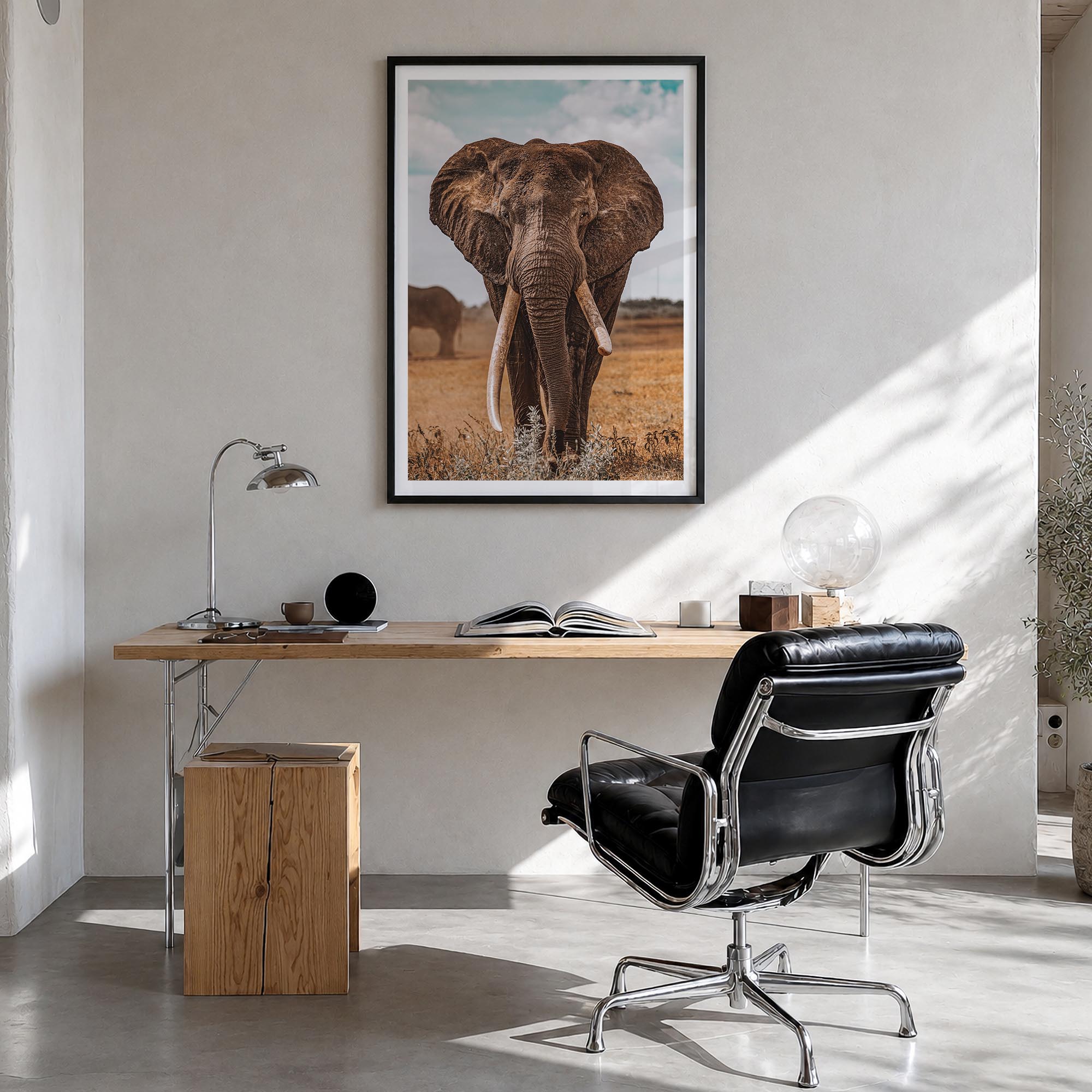 Elephant no. 3 colorful photo poster – vertical wall art in black wood frame with white border, hanging on wall