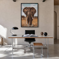 Elephant no. 3 colorful photo poster – vertical wall art in black wood frame, hanging on wall