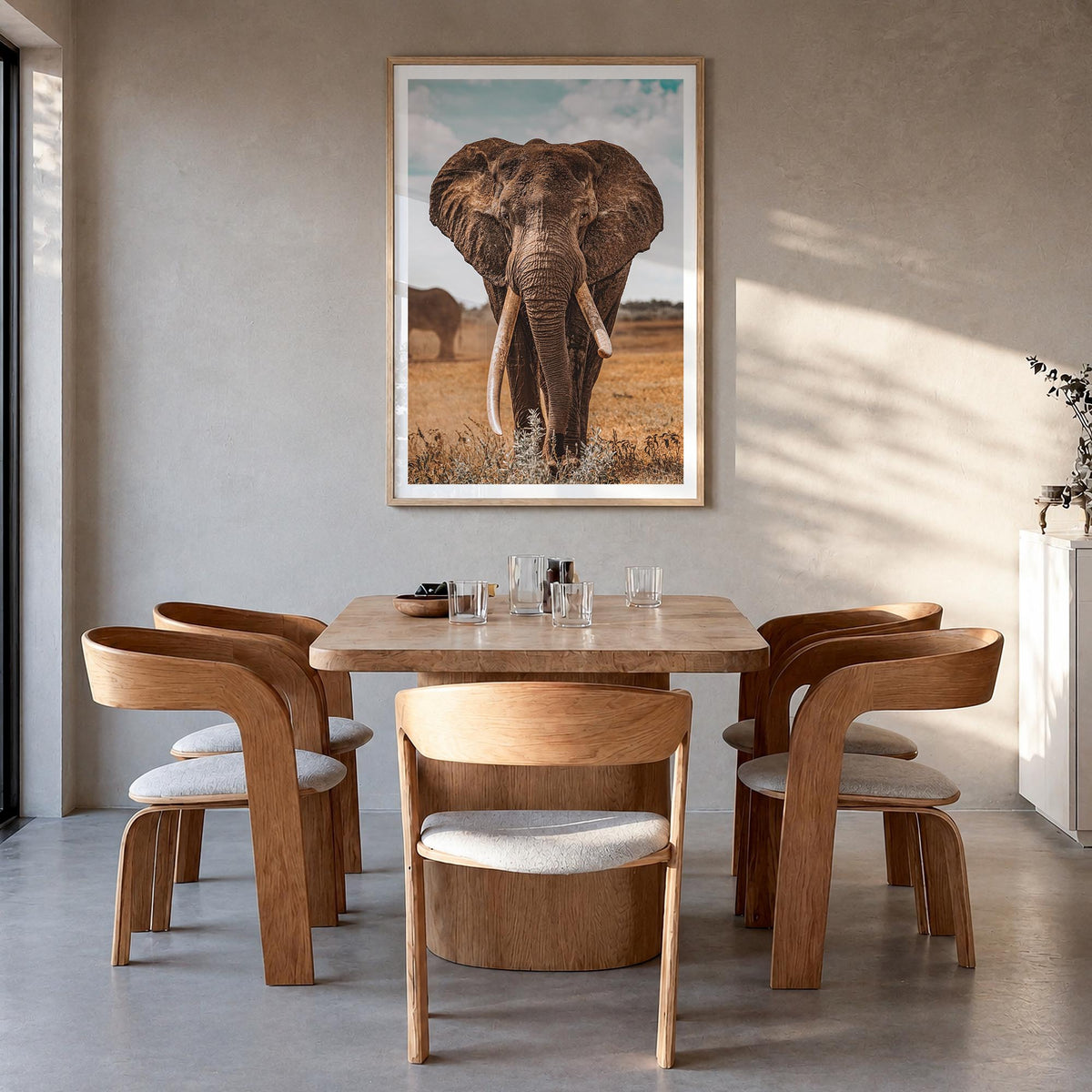 Elephant no. 3 colorful photo poster – vertical wall art in natural wood frame with white border, hanging on wall