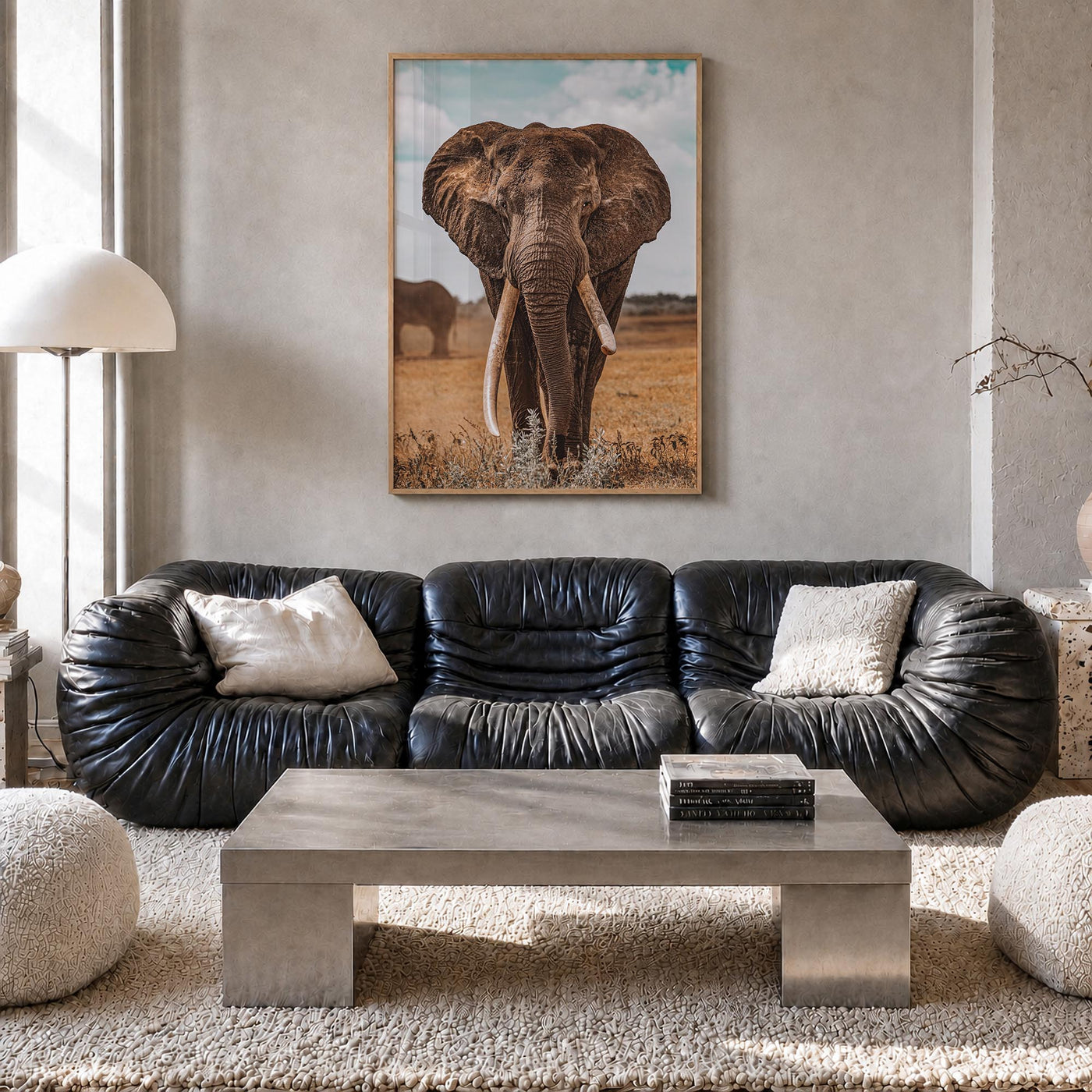 Elephant no. 3 colorful photo poster – vertical wall art in natural wood frame, hanging on wall