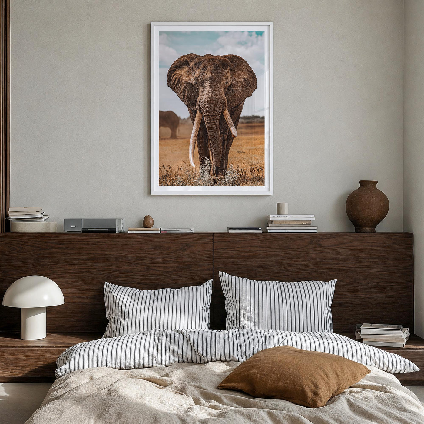 Elephant no. 3 colorful photo poster – vertical wall art in white wood frame with white border, hanging on wall