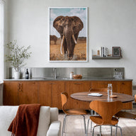 Elephant no. 3 colorful photo poster – vertical wall art in white wood frame, hanging on wall