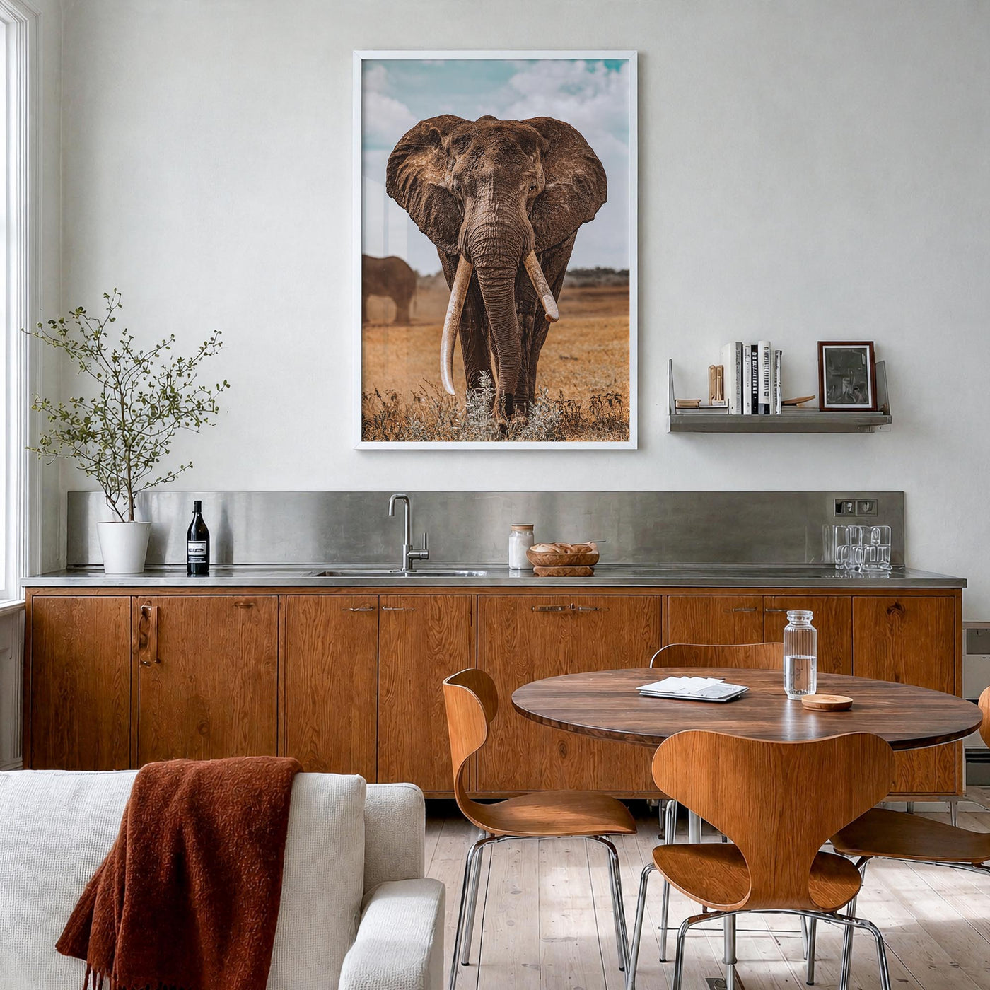 Elephant no. 3 colorful photo poster – vertical wall art in white wood frame, hanging on wall