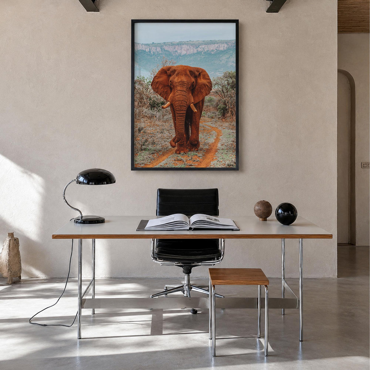 Elephant no. 4 colorful photo poster – vertical wall art in black wood frame, hanging on wall