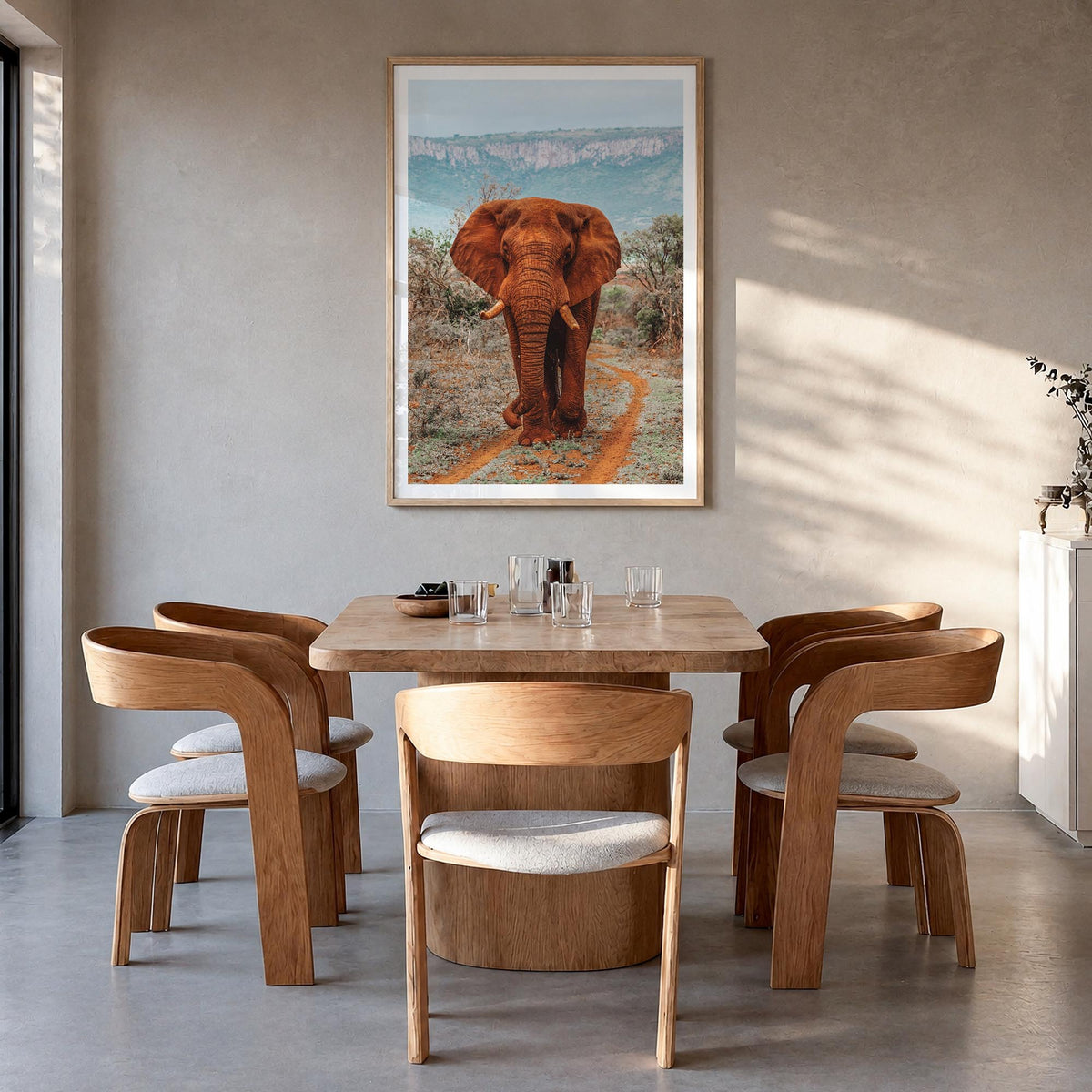 Elephant no. 4 colorful photo poster – vertical wall art in natural wood frame with white border, hanging on wall