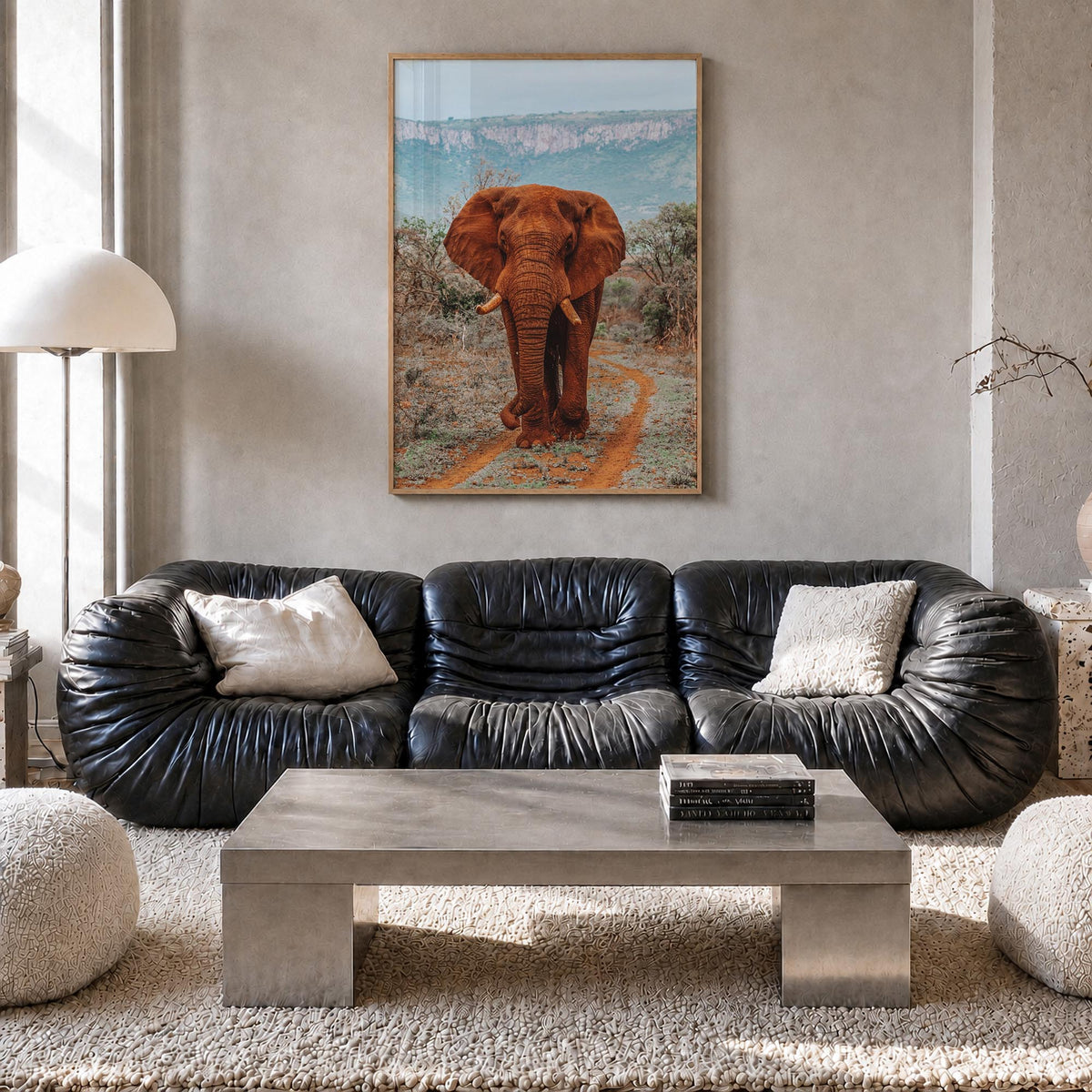 Elephant no. 4 colorful photo poster – vertical wall art in natural wood frame, hanging on wall