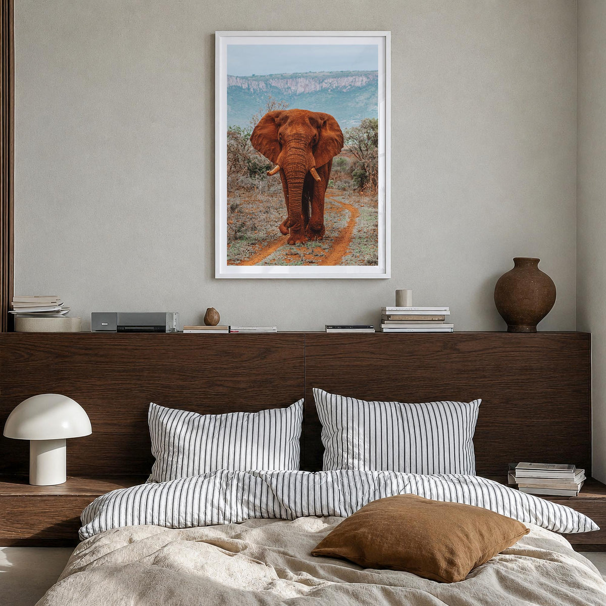 Elephant no. 4 colorful photo poster – vertical wall art in white wood frame with white border, hanging on wall