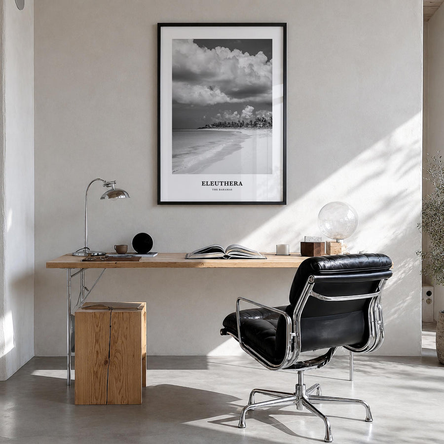Eleuthera black & white classic poster of The Bahamas – vertical wall art in black wood frame, hanging on wall