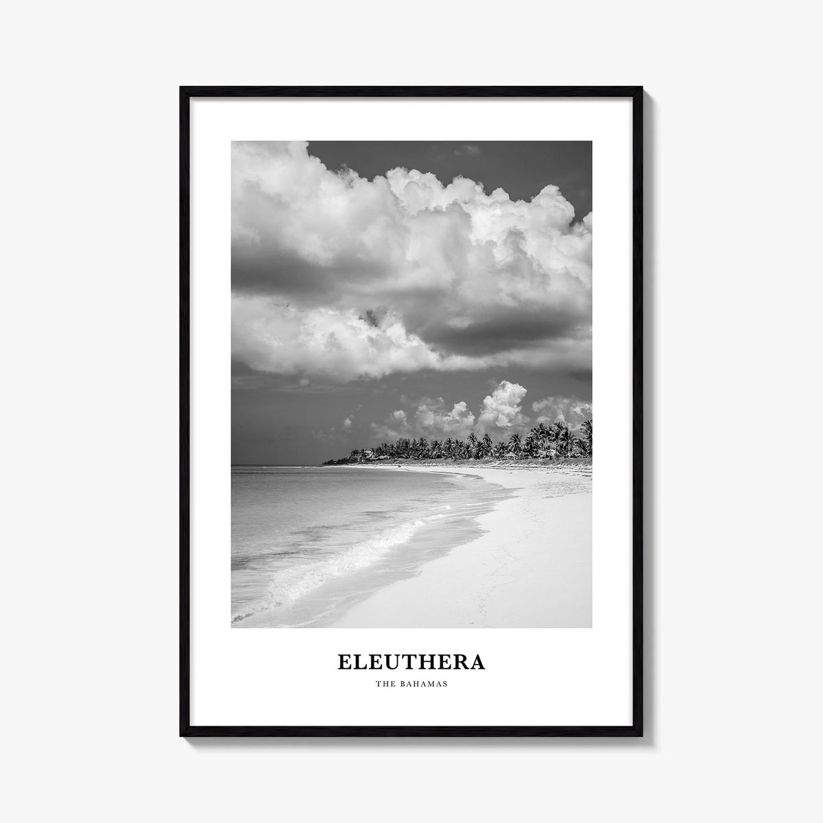 Eleuthera black & white classic poster of The Bahamas – vertical wall art, unframed print shown in interior mockup