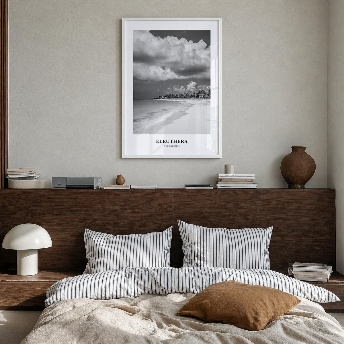 Eleuthera black & white classic poster of The Bahamas – vertical wall art in white wood frame, hanging on wall
