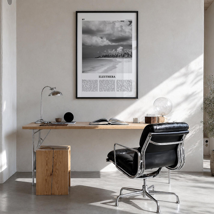 Eleuthera black & white newspaper poster of The Bahamas – vertical wall art in black wood frame, hanging on wall