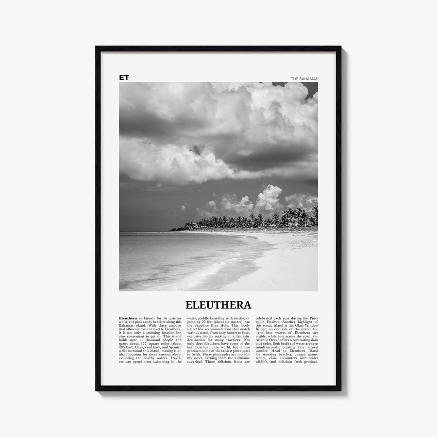 Eleuthera black & white newspaper poster of The Bahamas – vertical wall art, unframed print shown in interior mockup