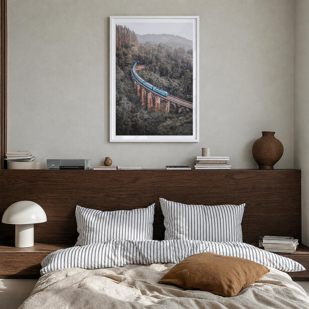 Ella Nine colorful photo poster of Sri Lanka – vertical wall art in white wood frame with white border, hanging on wall