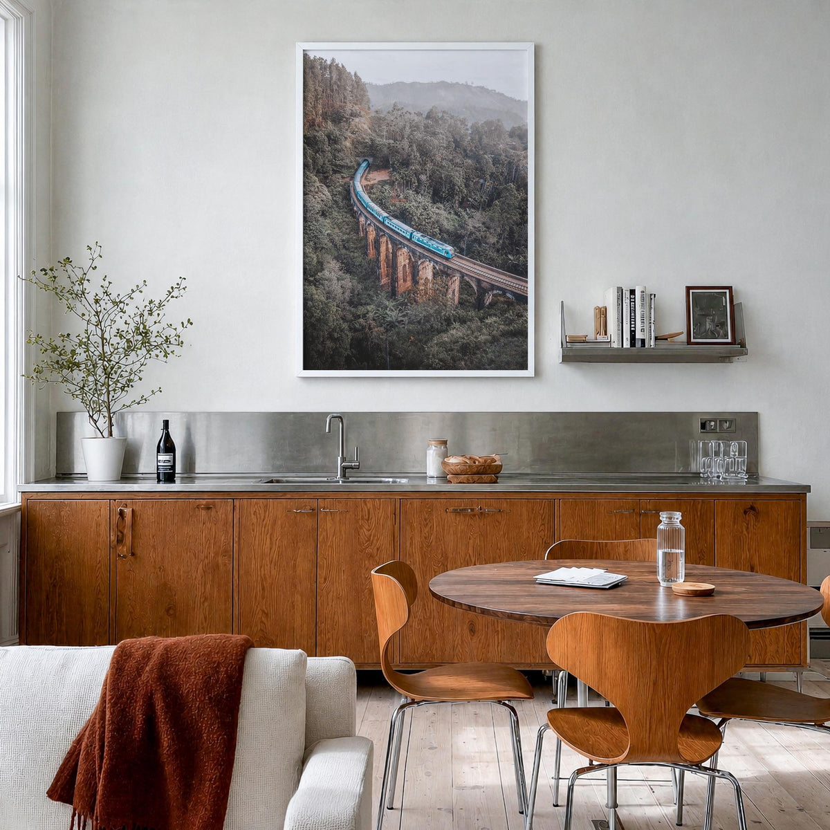 Ella Nine colorful photo poster of Sri Lanka – vertical wall art in white wood frame, hanging on wall
