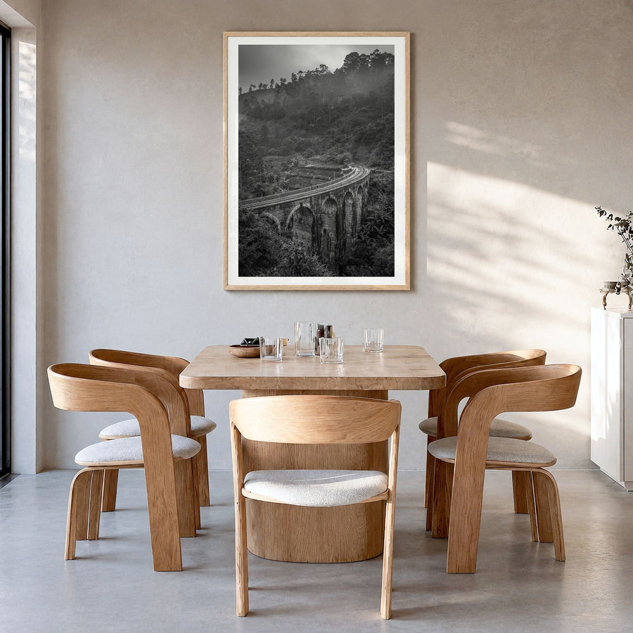 Nine Arch Bridge, Ella Photo Poster in a natural wood frame, hanging in a dining room, white border