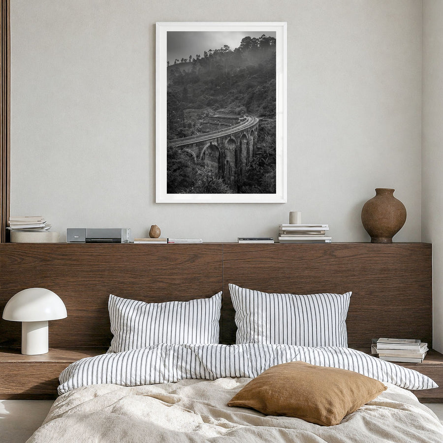 Nine Arch Bridge, Ella Photo Poster in a white wood frame, hanging in a bedroom, white border
