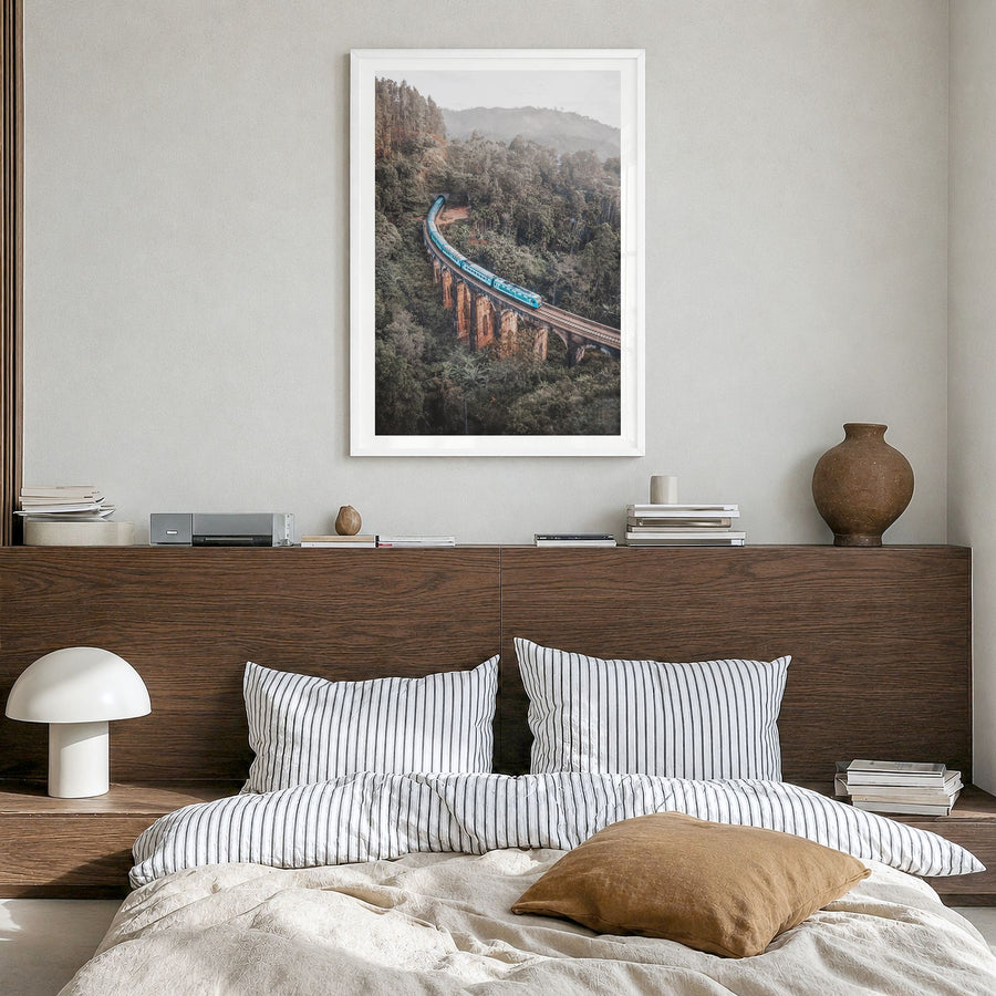 Nine Arch Bridge, Ella Photo Poster in a white wood frame, hanging in a bedroom, white border