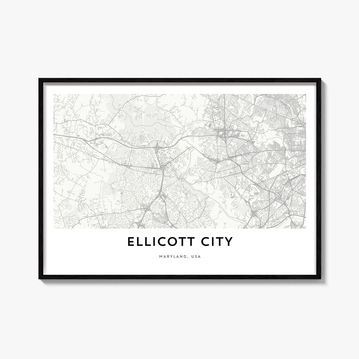 Ellicott City black & white map poster of Maryland, USA – horizontal wall art, unframed print shown in interior mockup