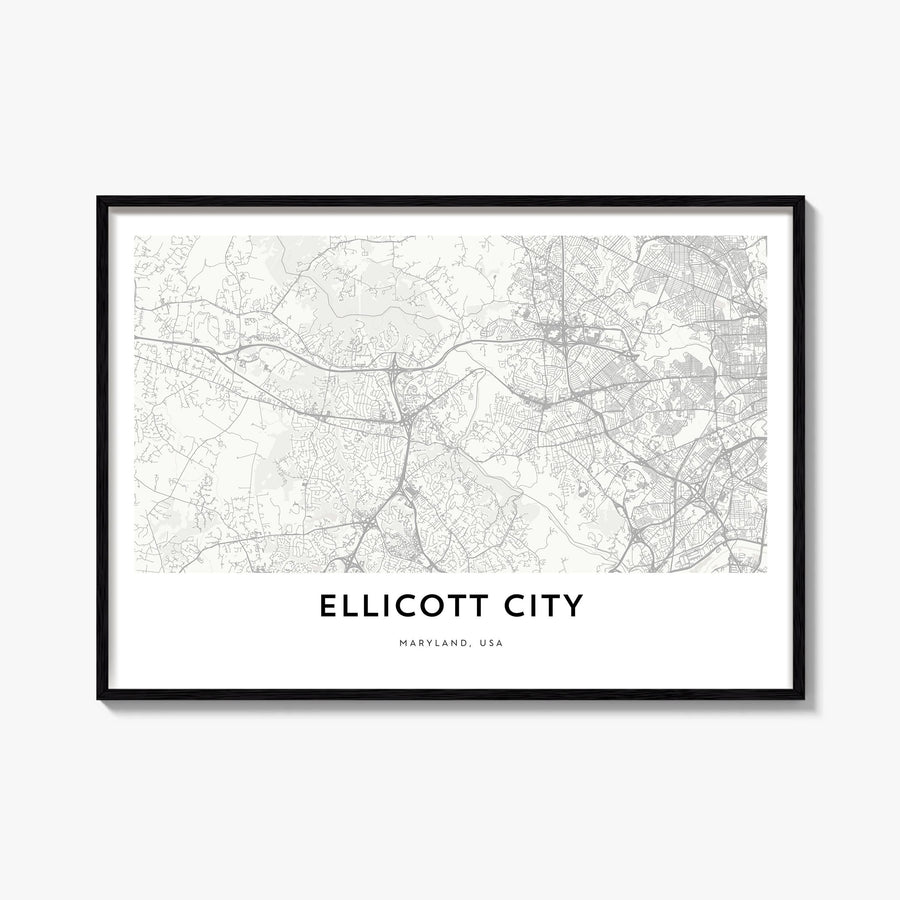 Ellicott City black & white map poster of Maryland, USA – horizontal wall art, unframed print shown in interior mockup