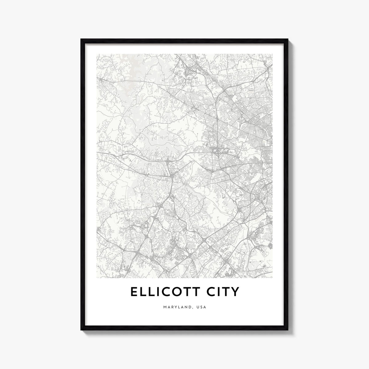 Ellicott City black & white map poster of Maryland, USA – vertical wall art, unframed print shown in interior mockup