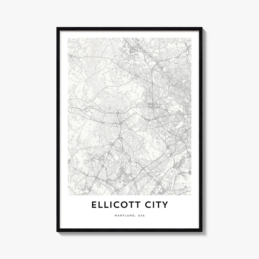 Ellicott City black & white map poster of Maryland, USA – vertical wall art, unframed print shown in interior mockup