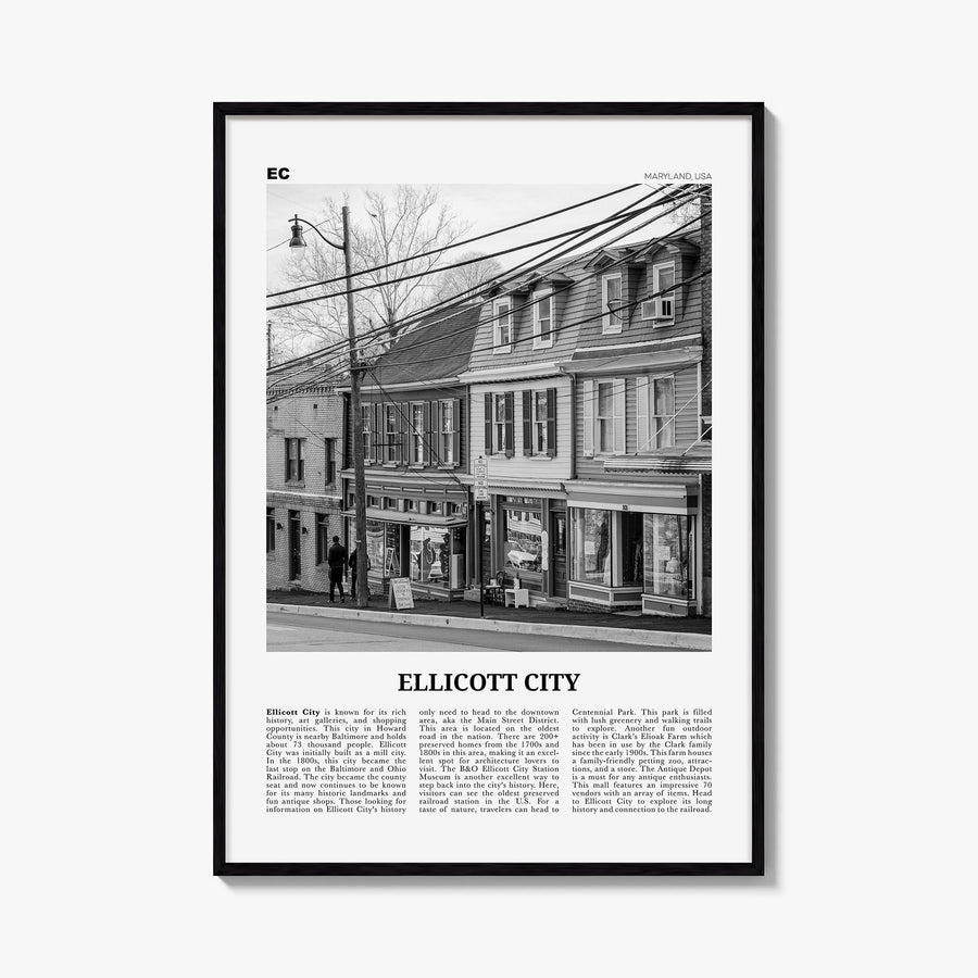 Ellicott City black & white newspaper poster of Maryland, USA – vertical wall art, unframed print shown in interior mockup