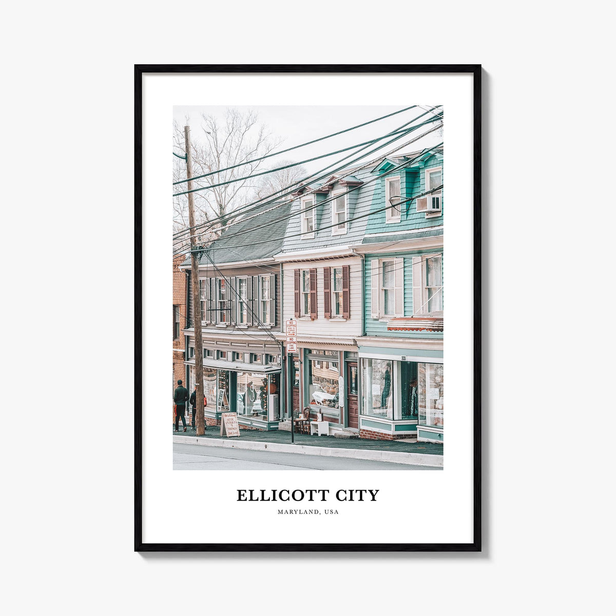 Ellicott City colorful classic poster of Maryland, USA – vertical wall art, unframed print shown in interior mockup