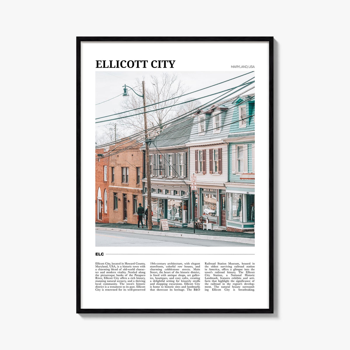 Ellicott City colorful travel poster of Maryland, USA – vertical wall art, unframed print shown in interior mockup