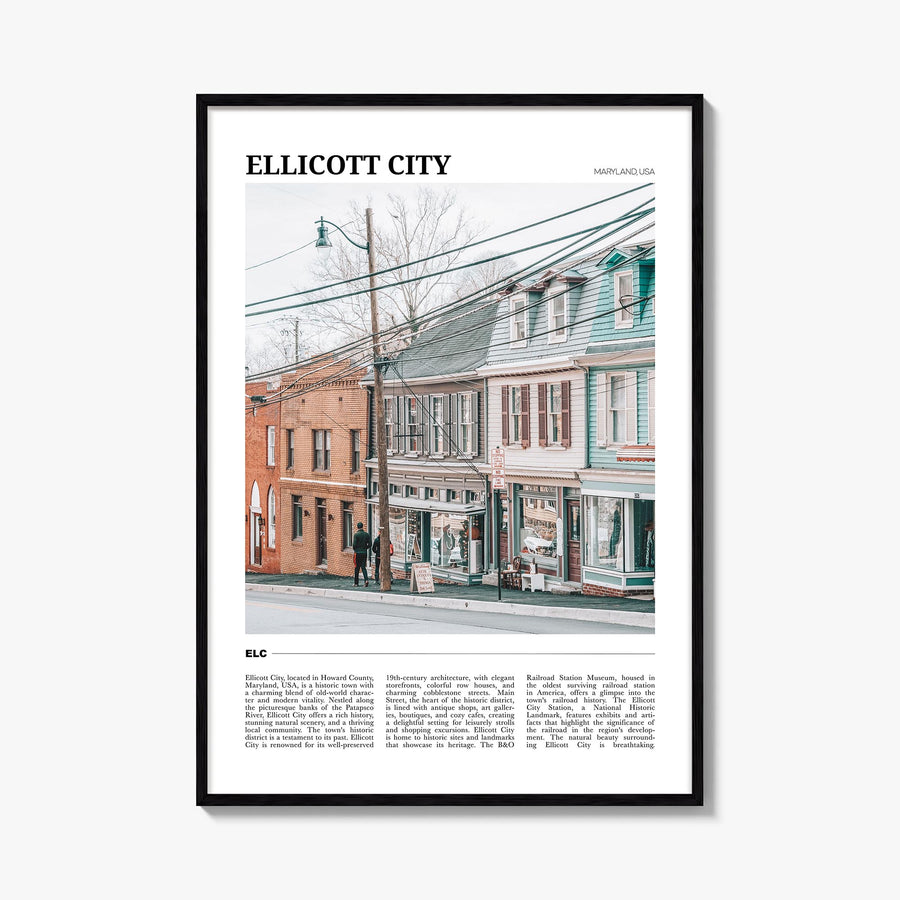 Ellicott City colorful travel poster of Maryland, USA – vertical wall art, unframed print shown in interior mockup
