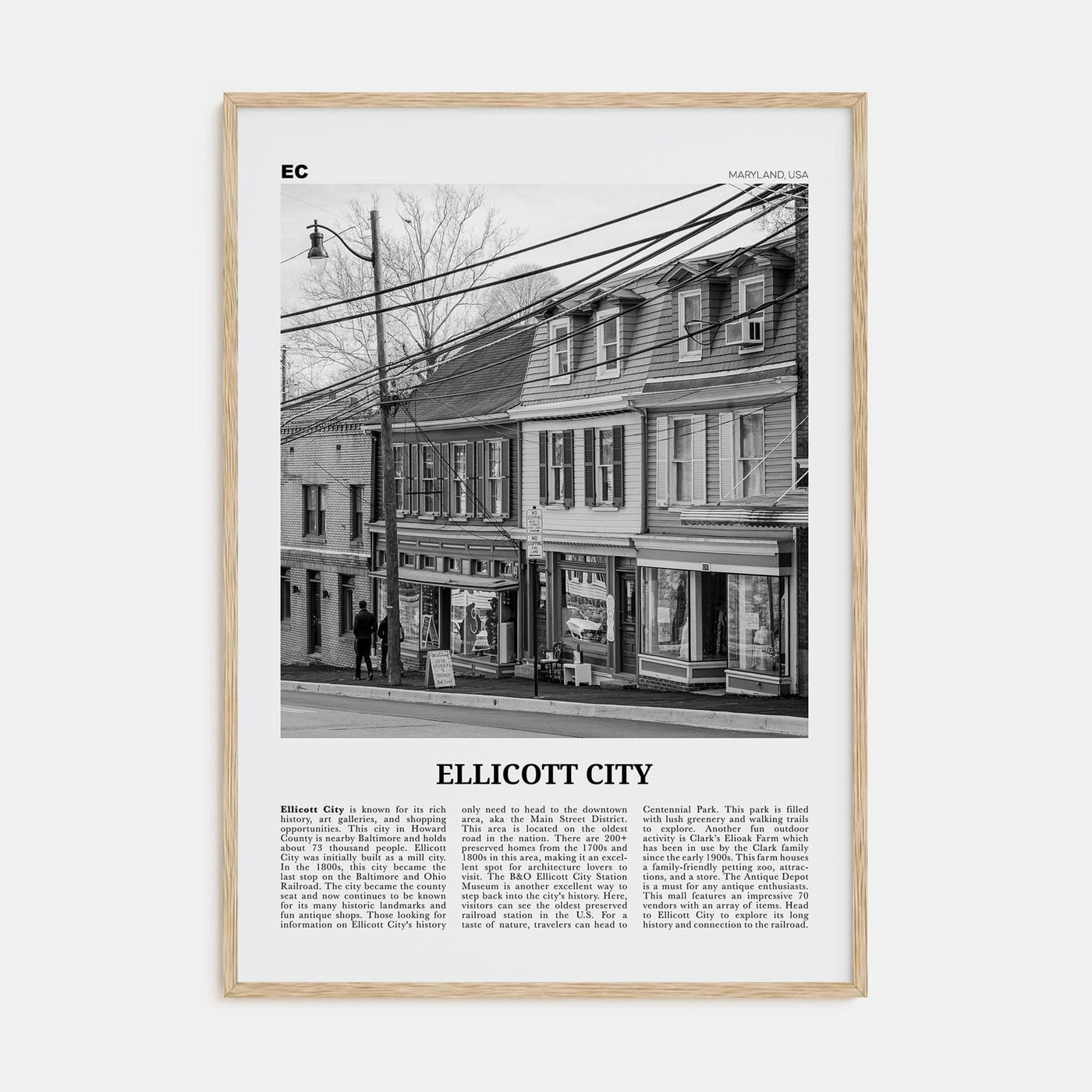 Ellicott City Poster Natural Wood / 8x12 in Nbourhood Travel B&W Poster