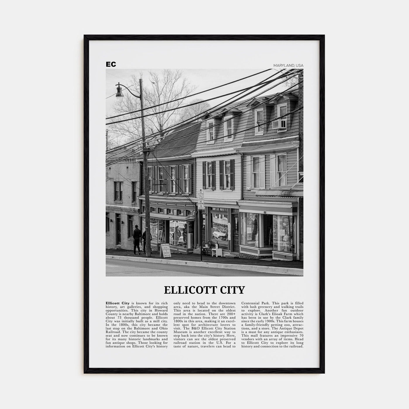 Ellicott City Poster Black Wood / 8x12 in Nbourhood Travel B&W Poster