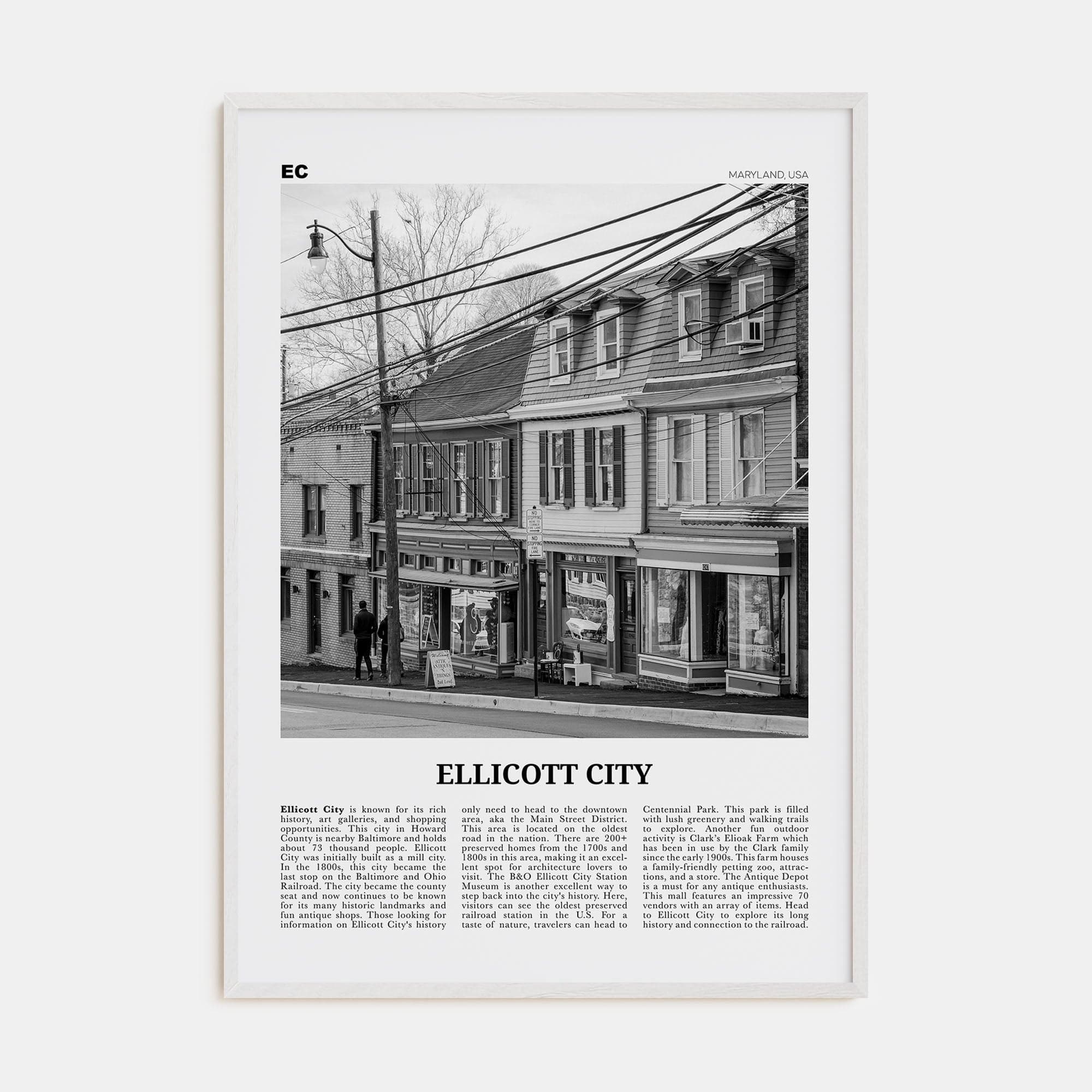 Ellicott City Poster White Wood / 8x12 in Nbourhood Travel B&W Poster