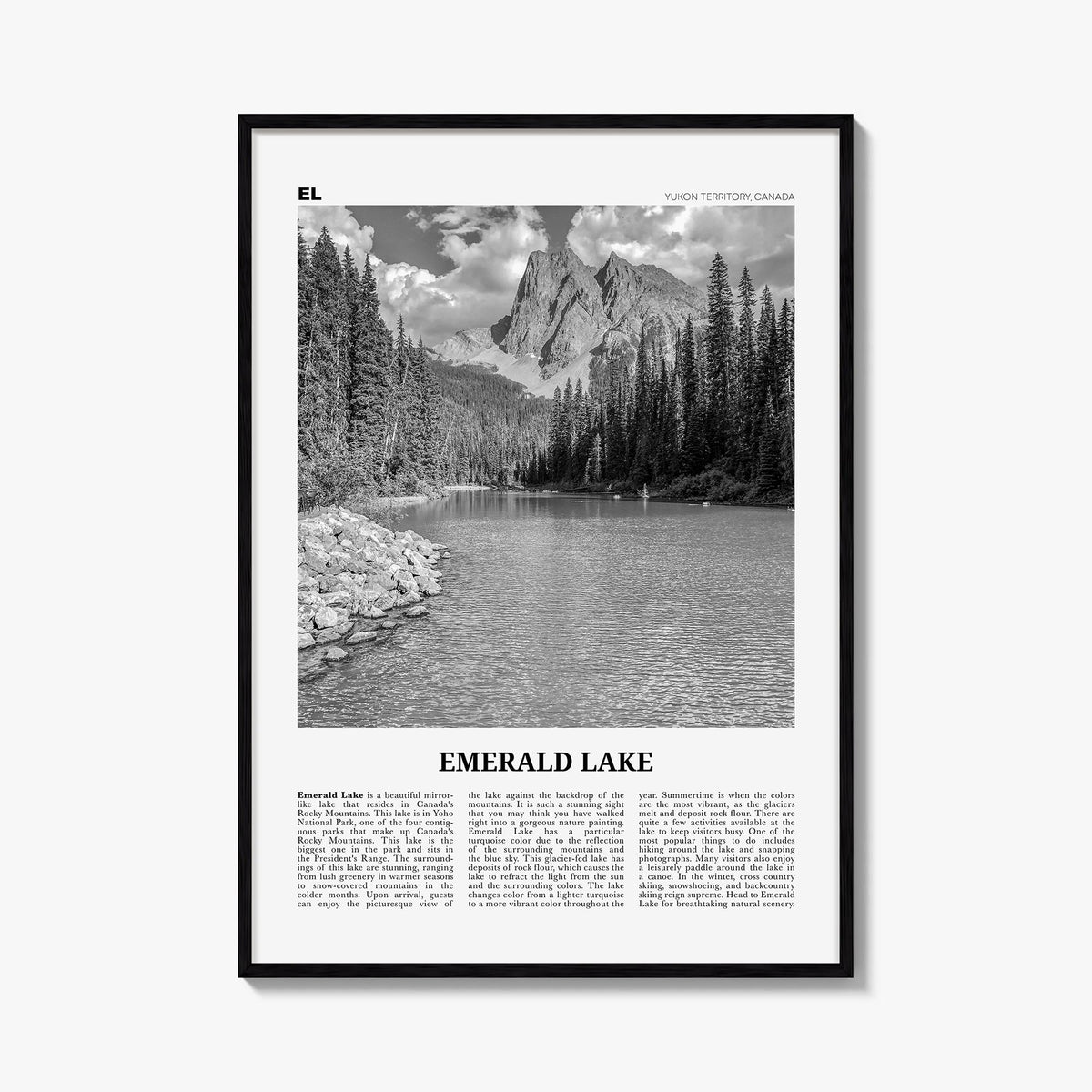 Emerald Lake black & white newspaper poster of Canada – vertical wall art, unframed print shown in interior mockup