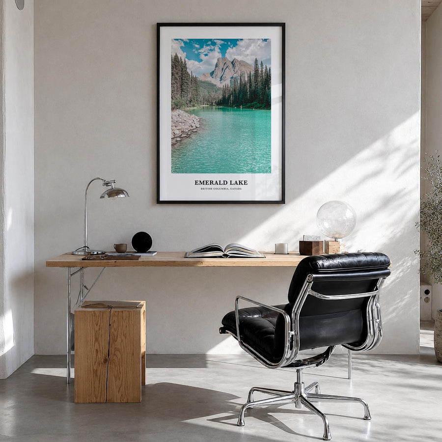 Emerald Lake colorful classic poster of Canada – vertical wall art in black wood frame, hanging on wall