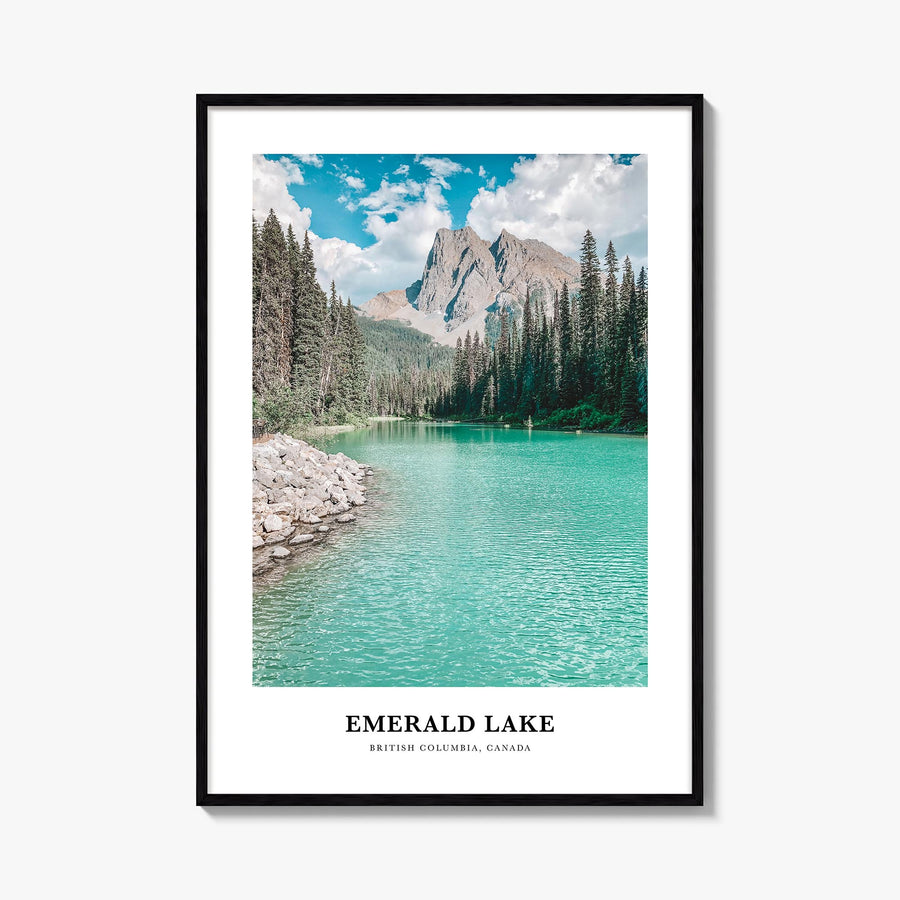 Emerald Lake colorful classic poster of Canada – vertical wall art, unframed print shown in interior mockup