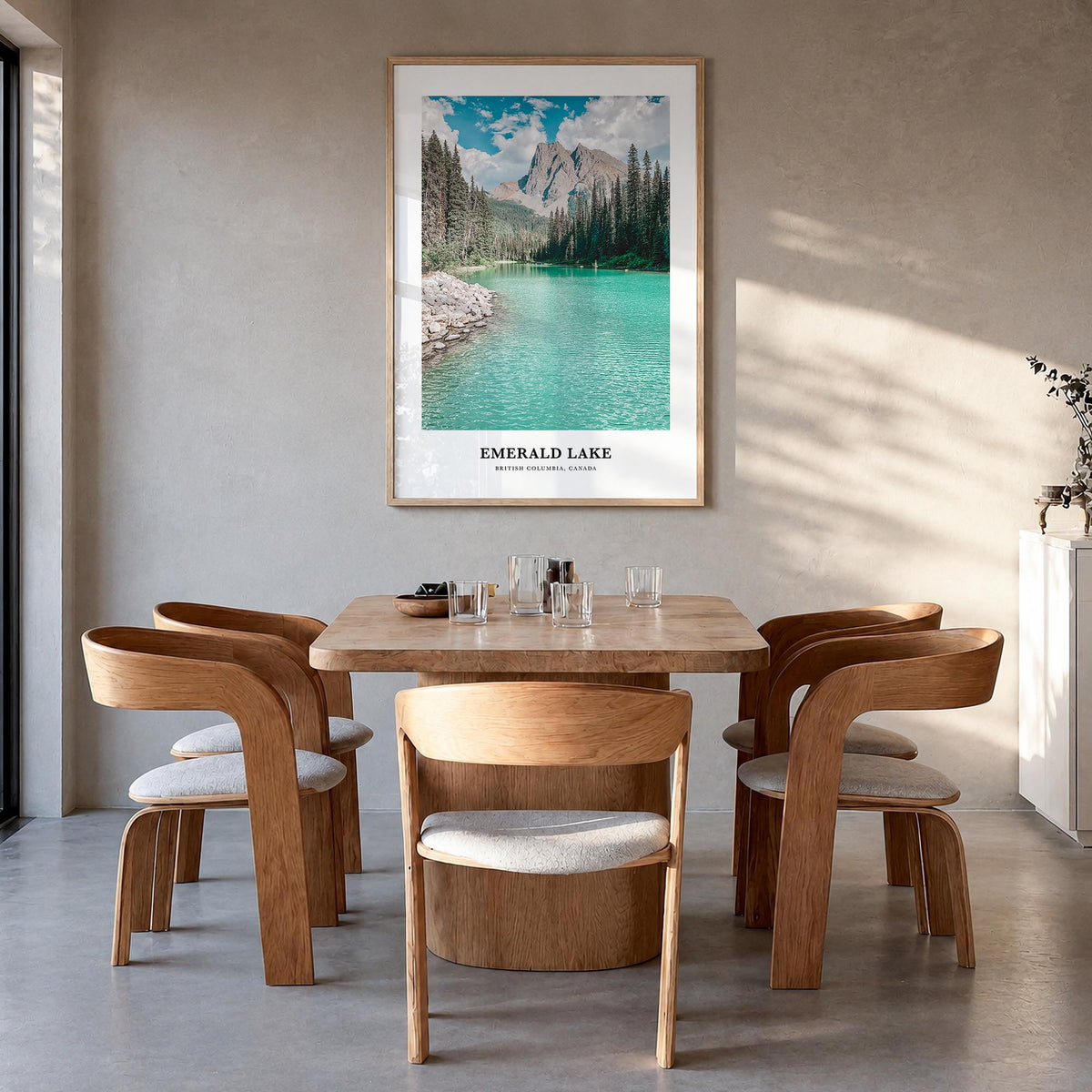 Emerald Lake colorful classic poster of Canada – vertical wall art in natural wood frame, hanging on wall