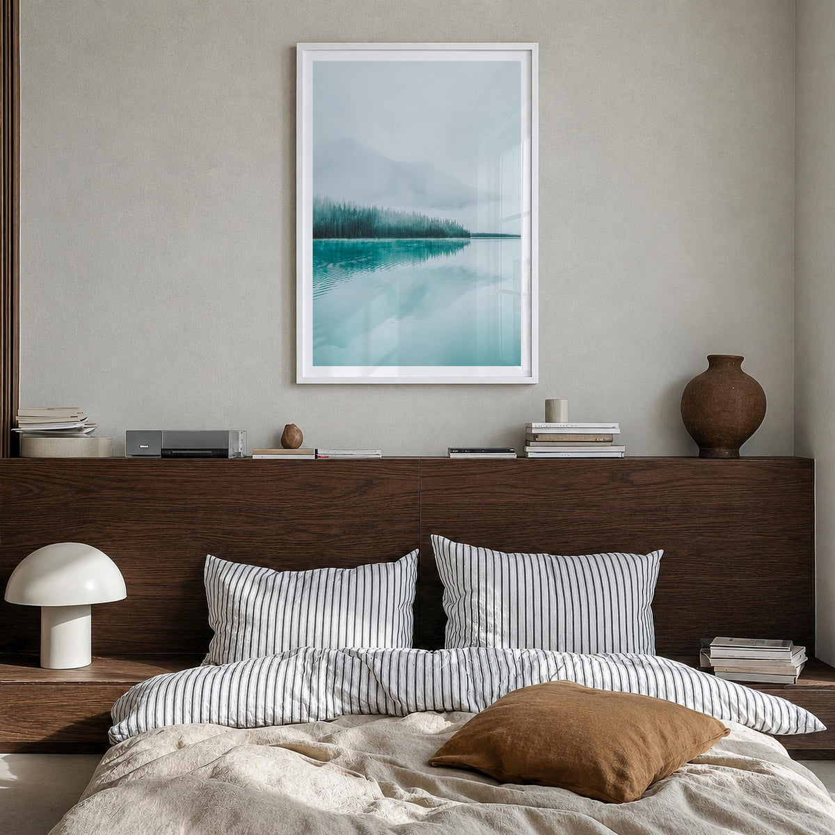 Emerald Lake colorful photo poster of Canada – vertical wall art in white wood frame with white border, hanging on wall