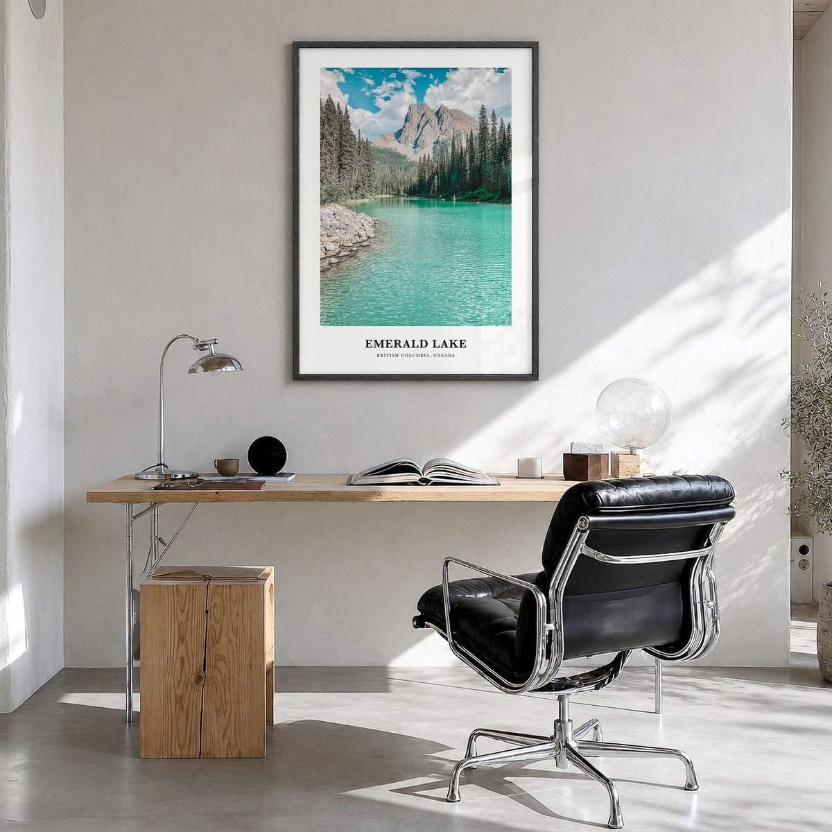 Emerald Lake Classic Poster in a black wood frame, hanging in a bright home office